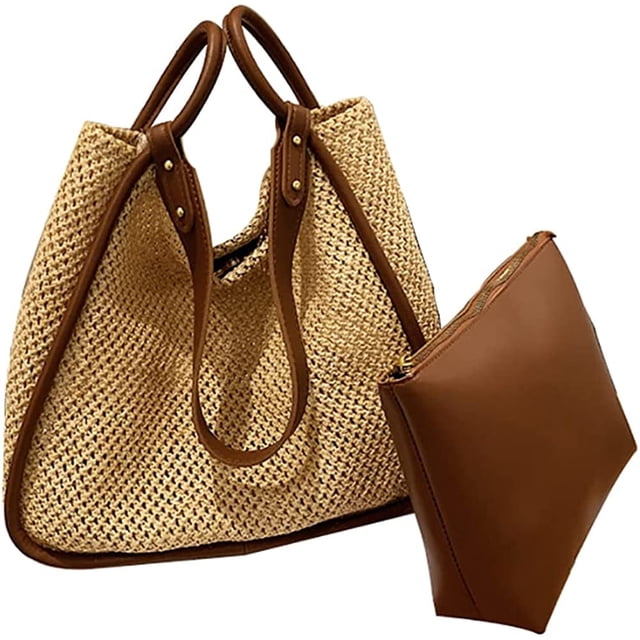 LHSHID Women Straw Bags Summer Rattan Hand-Woven Beach Large Tote Bag Fashion Handbag with PU Strap