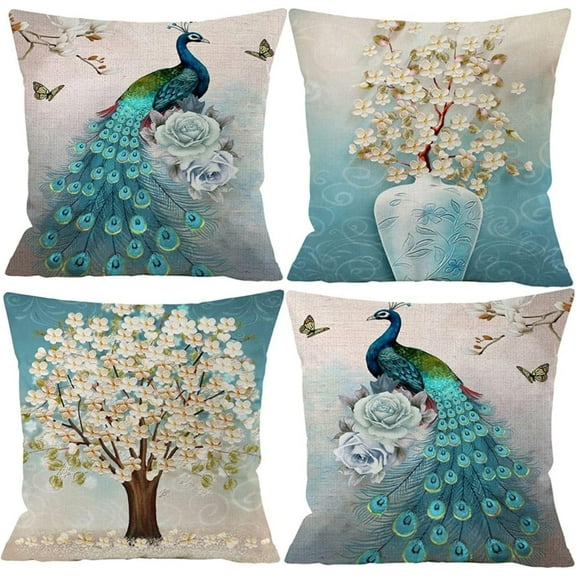 Set of 4 Pcs Peacock Print Cushion Cover Sturdy Linen Throw Pillows for Couch Set of 4 Peacock Covers 18"x18" Decorative Outdoor Square Pillow Cases for Patio Playroom Porch Home Sofa Décor