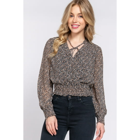 Surplice Smocked Print Chiffon Blouse Black ' L