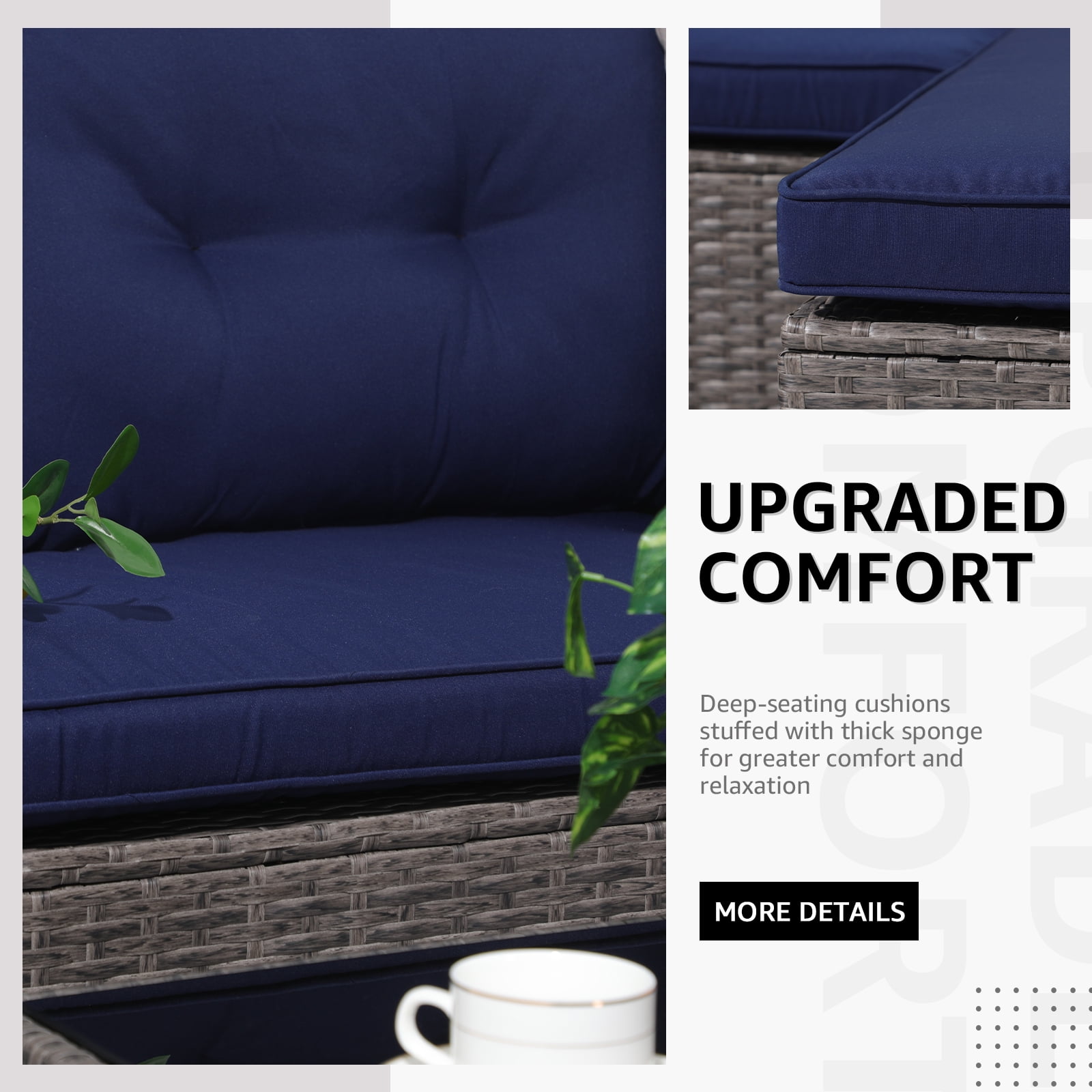 OC Orange-Casual 5-Piece Outdoor Sectional Sofa Set with Glass Coffee Table Grey Rattan & Navy Blue Cushion