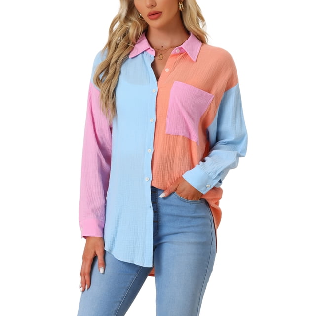 Camisa de botones de manga larga para mujer con bloques de color en naranja, azul y rosa, talla M