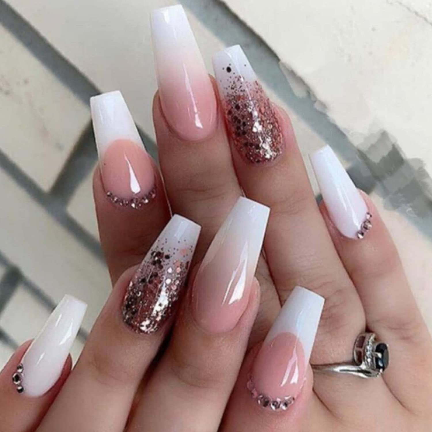 Coffin Medium Press on Nails with Rhinestones Design Gradient Coffin Fake Nails  Tips Full Cover Acrylic Luxury False Nails for Women and Girls24PCS -  