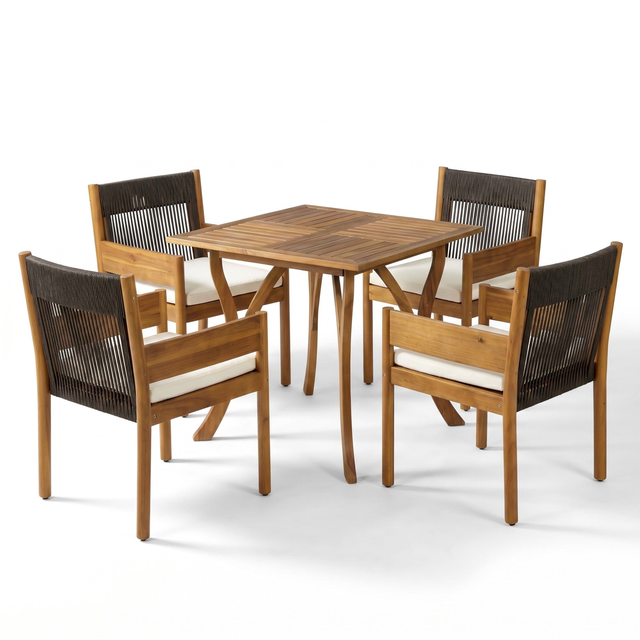 Christopher Knight Home 5-Piece Acacia Wood Patio Dining Set, Rope Chairs and Square Table, Teak+Black
