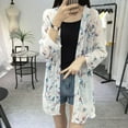 thumbnail image 2 of Women's Puff Sleeve Kimono Cardigan Loose Cover Up Casual Blouse Tops Chiffon Birds Printed Loose Blouse Shirt, 2 of 6