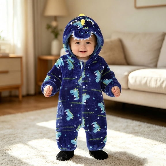 FASHOFT Baby Boy Halloween Outfit Plush Flannel Dinosaur Cartoon Onesie Cosplay Jumpsuit For Kids Winter Home Casual Loungewear Halloween Blue 19-24 Months