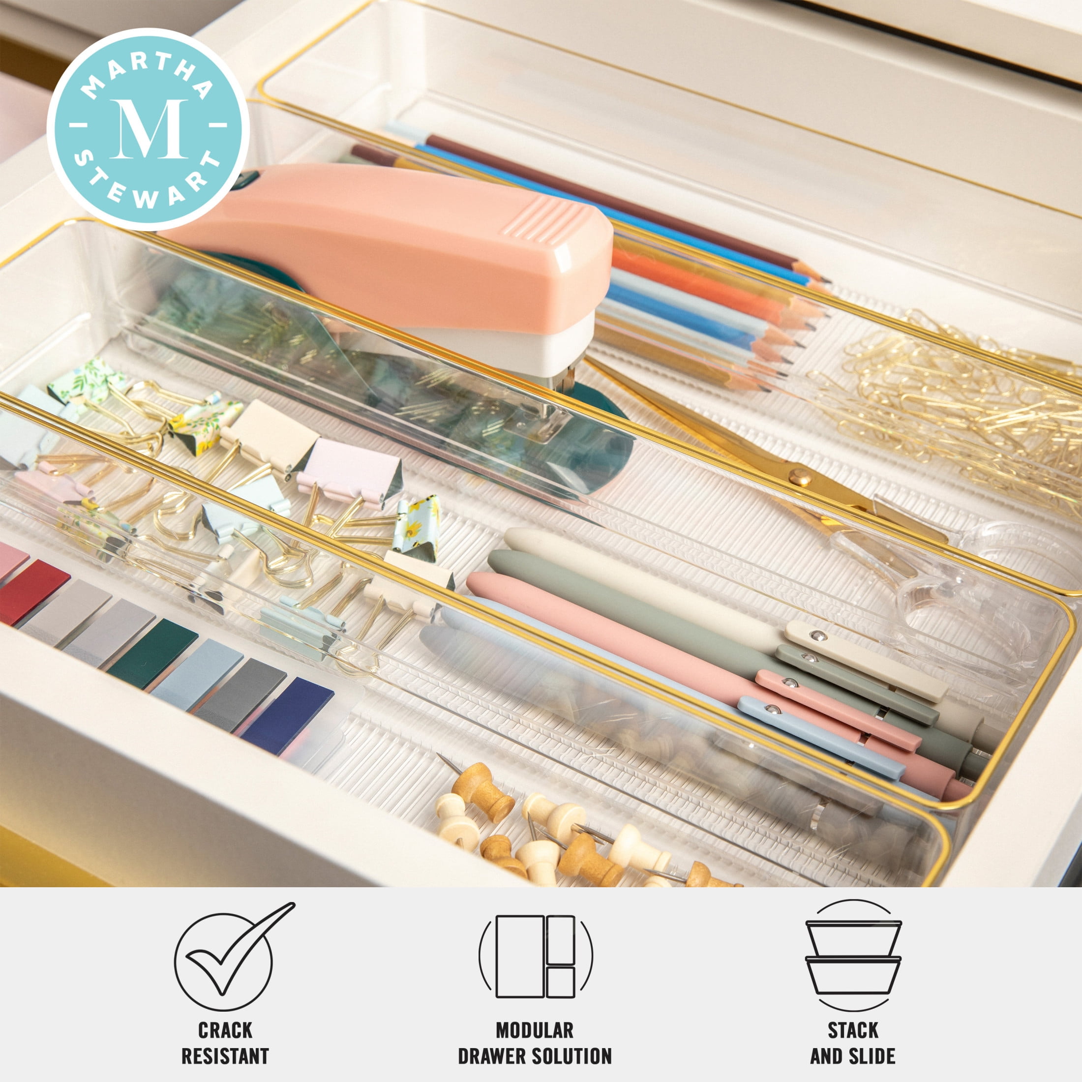 Martha Stewart Kerry 8 Pack Plastic Stackable Office Desk Drawer Organizers with Gold Trim, 9" x 3"