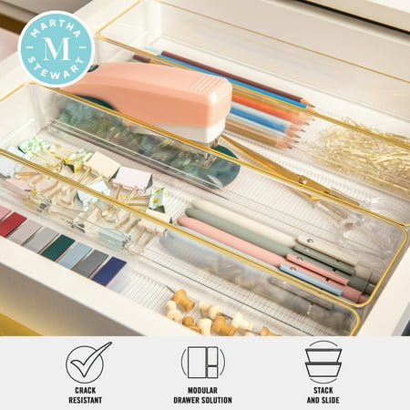 Martha Stewart - Kerry Set of 8 Plastic Stacking Desk Drawer Organizers with Gold Trim - 9 x 3 - Clear/Gold Trim