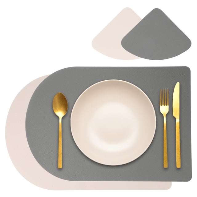 Juego de 2 manteles y posavasos Uxcell, manteles de mesa de cuero PU de doble cara, lavables y resistentes al calor (Gris oscuro/Beige)