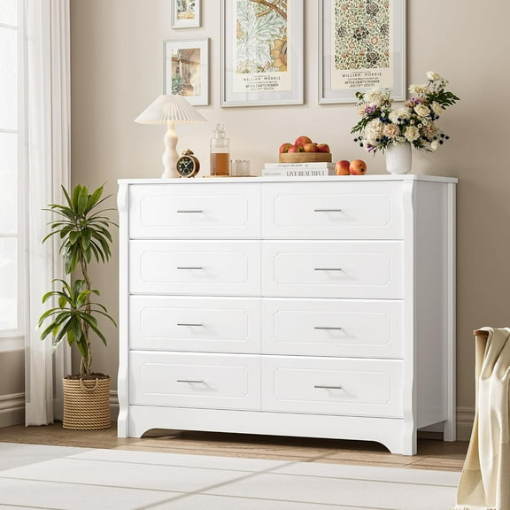 White 8 Drawer Dresser for Bedroom, 47" Wood Dresser & Chest of Drawers, Modern Double Storage Cabinet with Deep Drawers | Metal Handles for Living Room, Hallway, Entryway