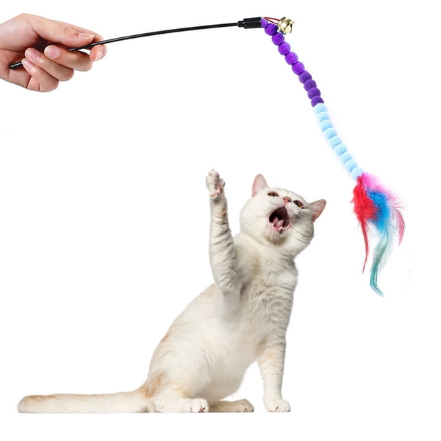 Cat Teaser Wand Plush Artificial Feather Bell Cat Wand Toy Cat Interactive Toy