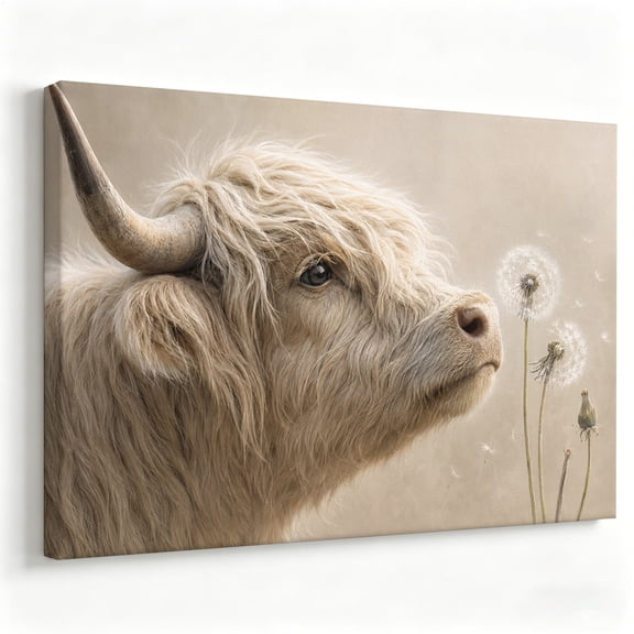 Highland Cow with Dandelions Canvas Wall Art Cute Beige Shaggy Cow Poster Rustic Country Animal Painting Living Room Bedroom Farmhouse Decor Print Ready to Hang 8*12