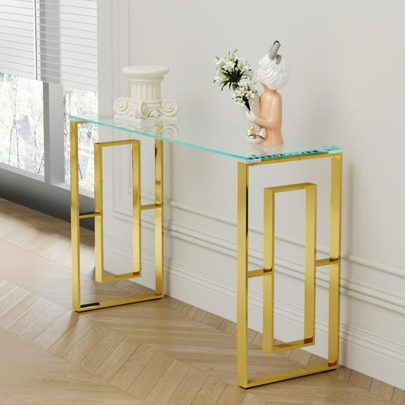 GZXS Modern Glass Console Table with Golden Stainless Steel Legs, 47 Inch Entryway Sofa Table for Living Room & Hallway, Easy to Assemble