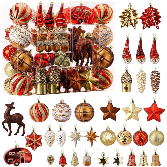 103pcs Christmas Balls Ornaments Set, Gnome Christmas Tree Decorations with Hanging Strings, Shatterproof Plastic Baubles for Xmas Tree Holiday Wedding Party Decorations, Red, Bronze and Gold