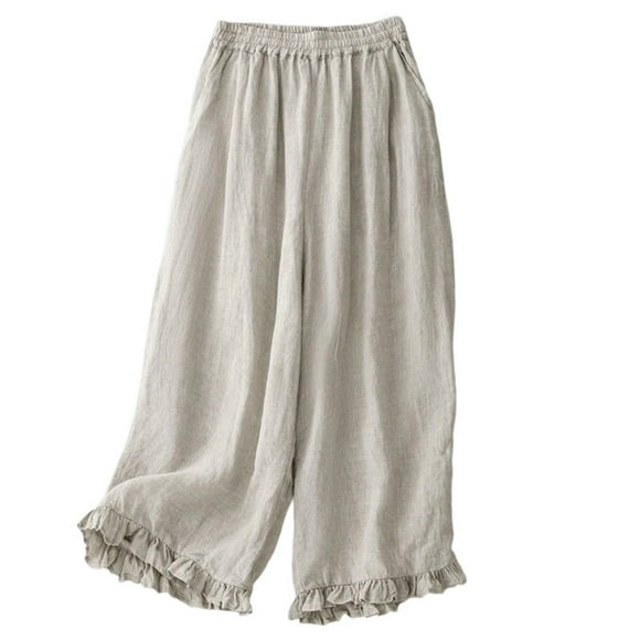 biudgviw Women's Wide Leg Pants Ruffle Elastic Waist Cropped Pants Comfy Casual Baggy Pants with Pockets Fashion Clothing