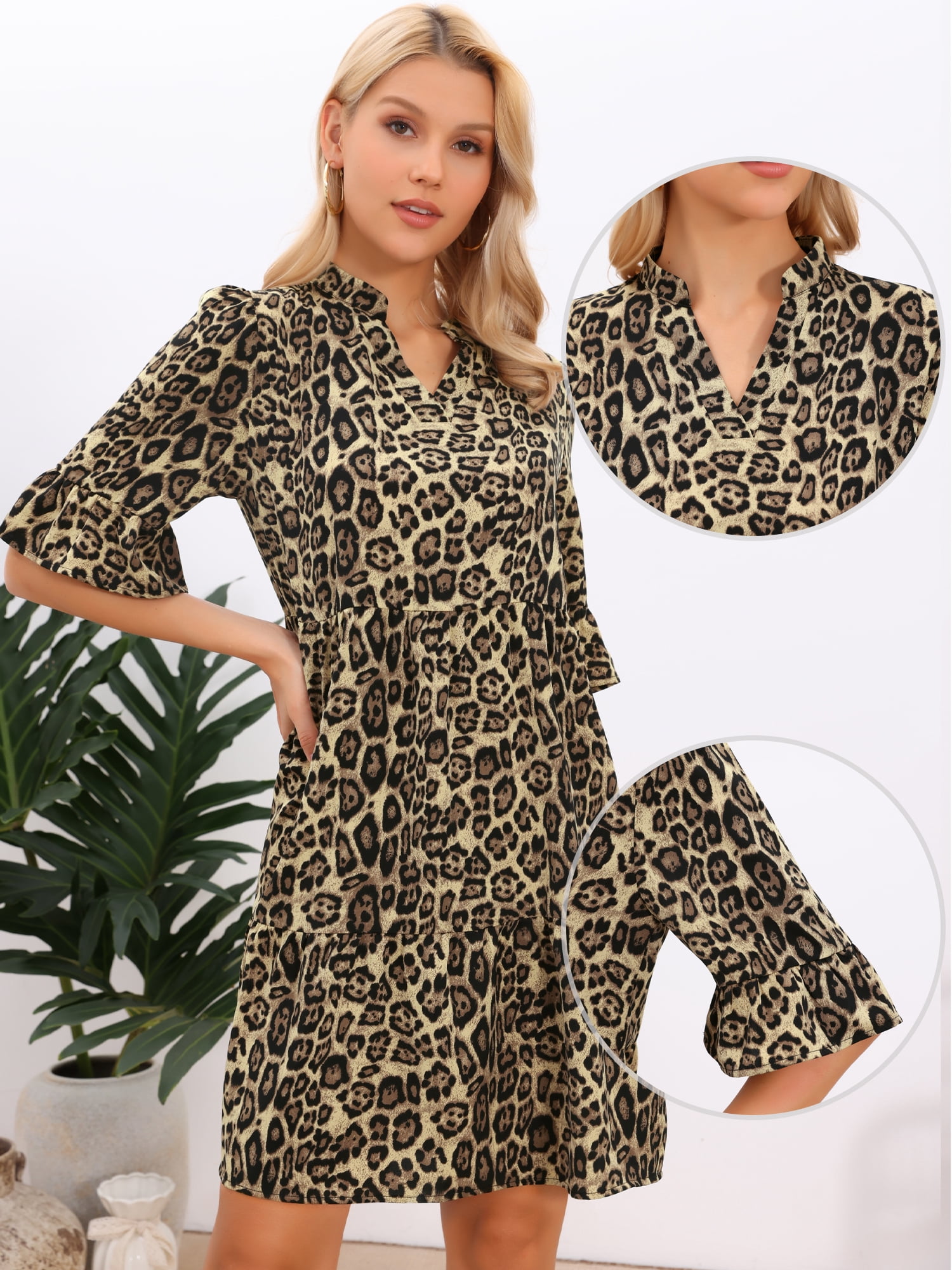 DARING DIVA Women's Leopard Print Bell Sleeve Ruffle Hem Tunic V-Neck Dresses M Brown