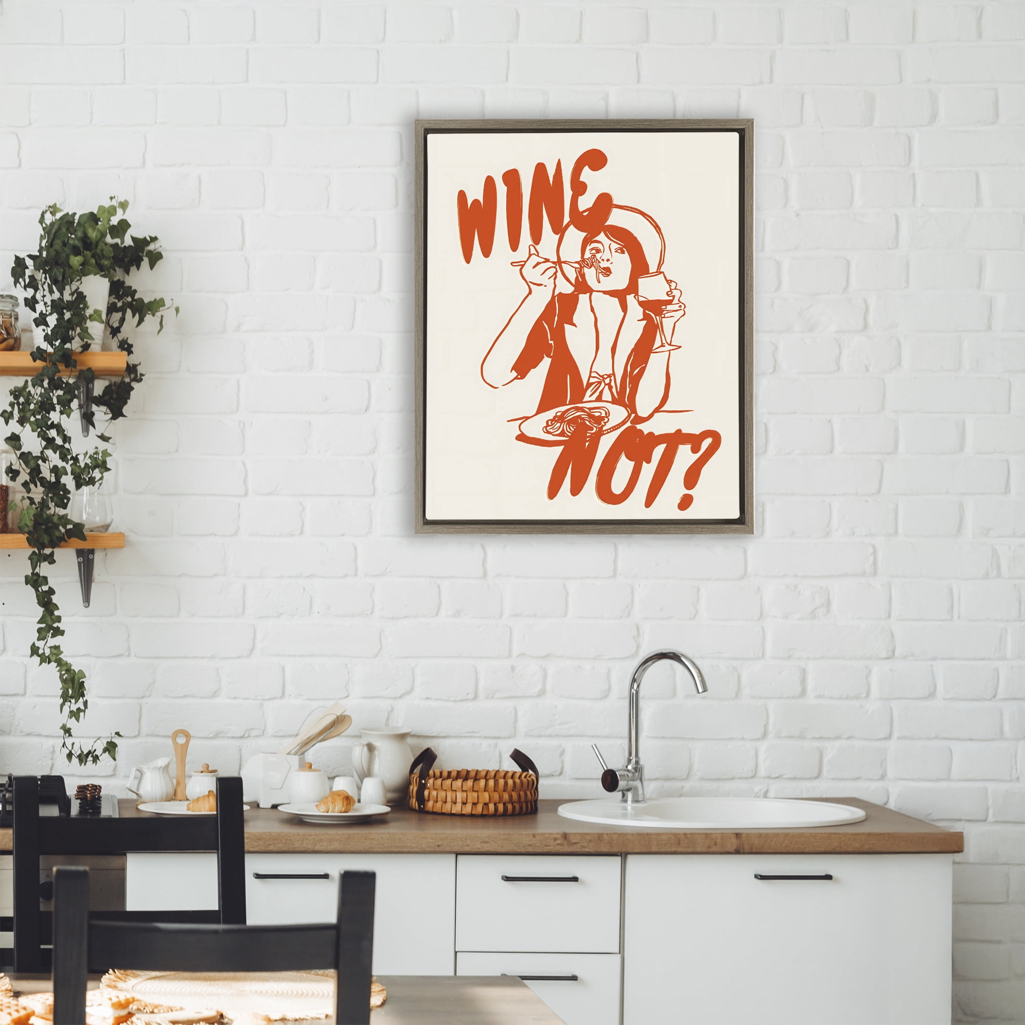 Stupell Industries Wine Not Retro Meal Time Brown Framed Floater Canvas Wall Art, design by The Prints Vibe