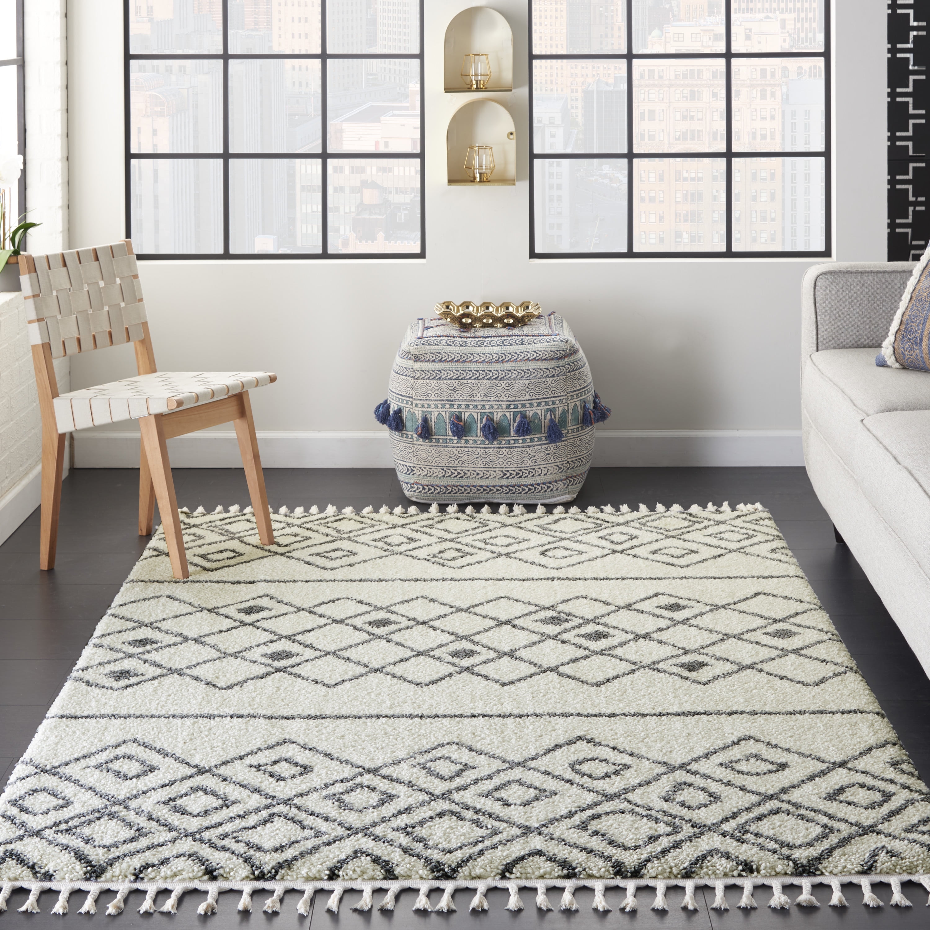 Nourison Diamond Trellis Shag Geometric Ivory/Slate Area Rug