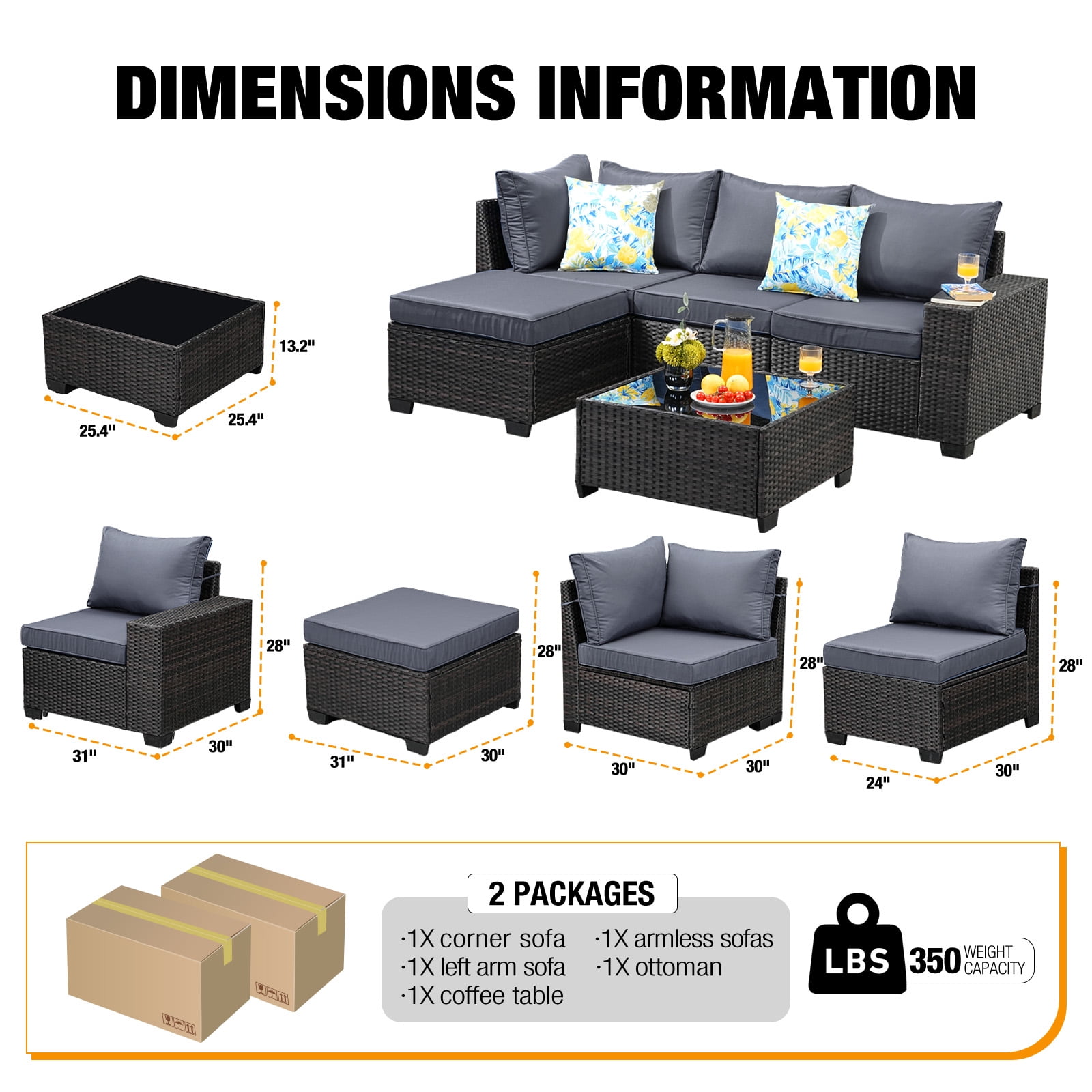JOYURE 6 Pieces Patio Furniture set All-Weather Outdoor Wicker Sectional Conversation Sofa Rattan patio seating sofa with cushion and Glass Table and Ottoman for Porch Poolside,Grey