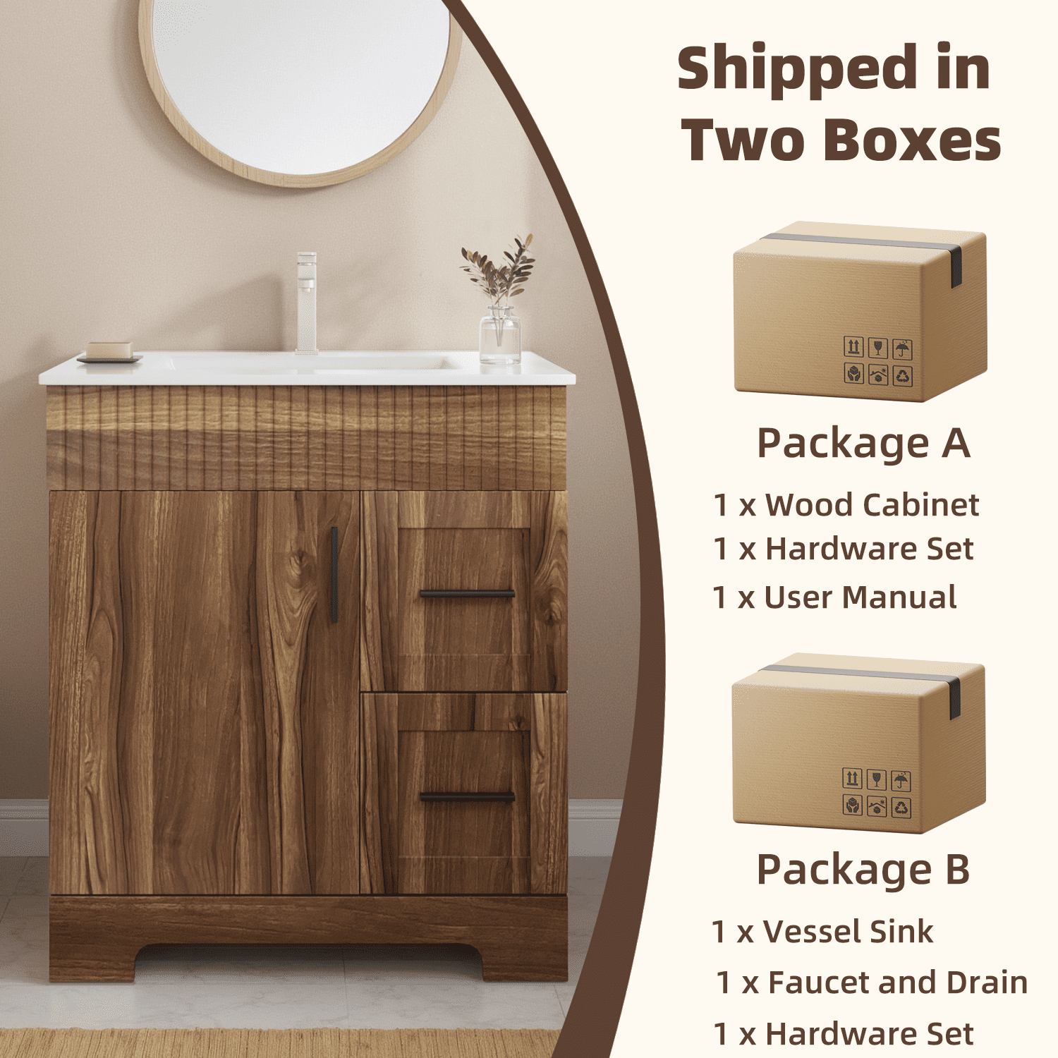 Erinnyees 30" Wooden Freestanding Bathroom Vanity with Ceramic Sink, Walnut Cabinet Featuring a Door & 2 Spacious Drawers