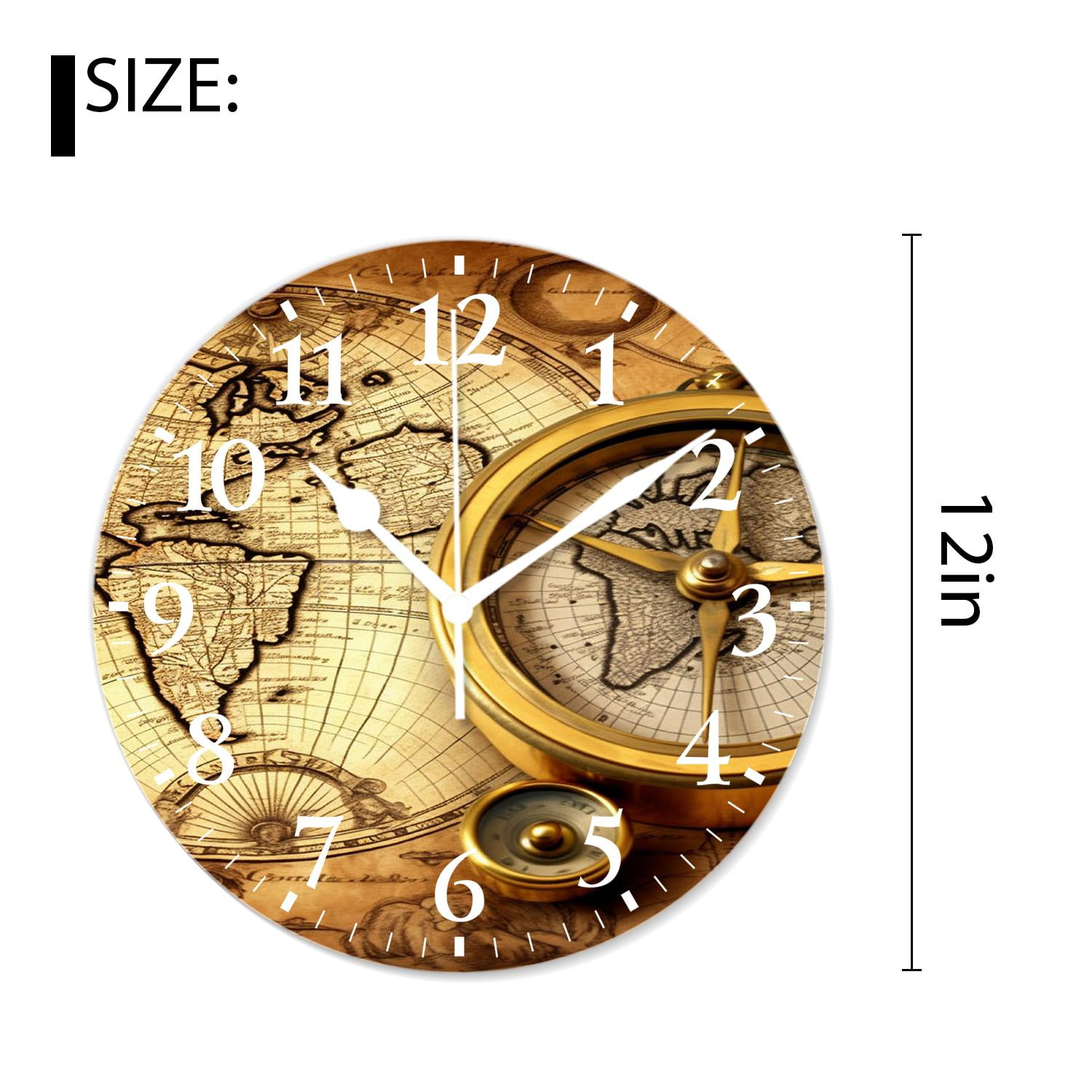 12 Inch Wall Clock Battery Operated Silent Clock Decorative for Office, Kitchen, Outdoor, Living Room，Accurate Map Graceful