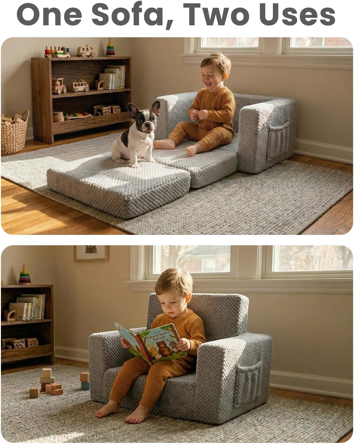 Beavtaens Foldable Toddler Couch with Soft Sherpa Cover, 2-in-1 Comfy Toddler Sofa & Lounger for 1-3 Years Old Girls Boys, Kids Chair with Pockets & Handle for Reading, Playroom (Gray)