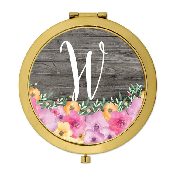 Koyal Wholesale Gold Compact Mirror Bridesmaid's Wedding Gift, Pink Floral Flowers on Rustic Gray Wood, Monogram W, 1-Pk