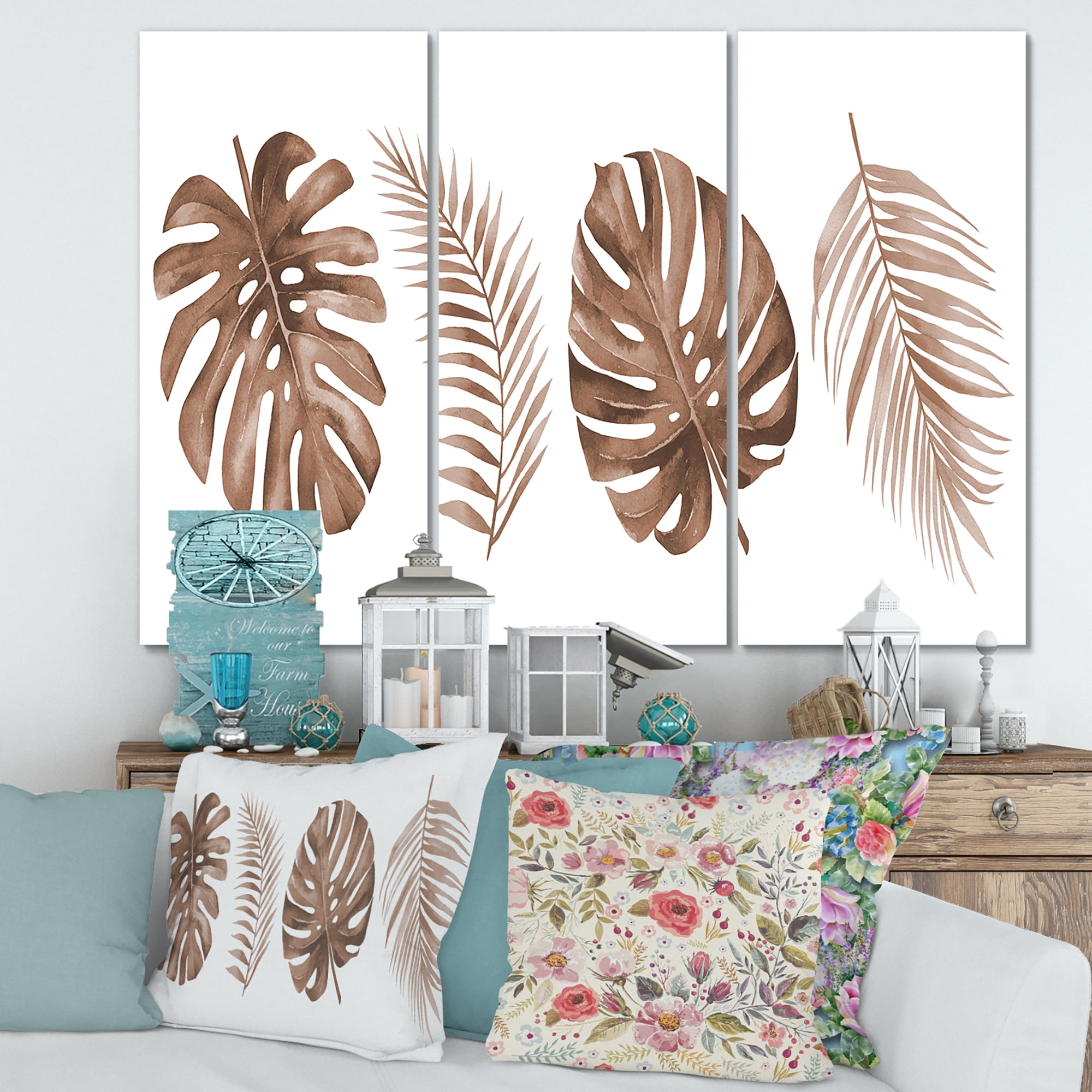 Designart ' Tropical Palm and Monstera Leaf In Terracotta ' Traditional Canvas Wall Art Print