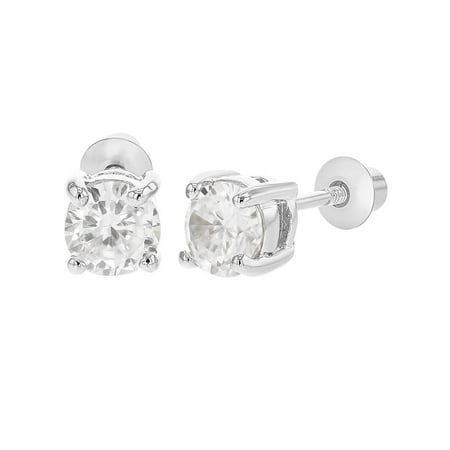 Rhodium Plated April Clear Cubic Zirconia Screw Back Earrings for Girls 0.19