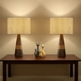 thumbnail image 6 of 28'' Farmhouse Honey Brown Wood Bedside Table Lamp – Classic Drum Shape Nightstand Lamp with Beige Fabric Shade for Bedroom, Living Room, 6 of 10