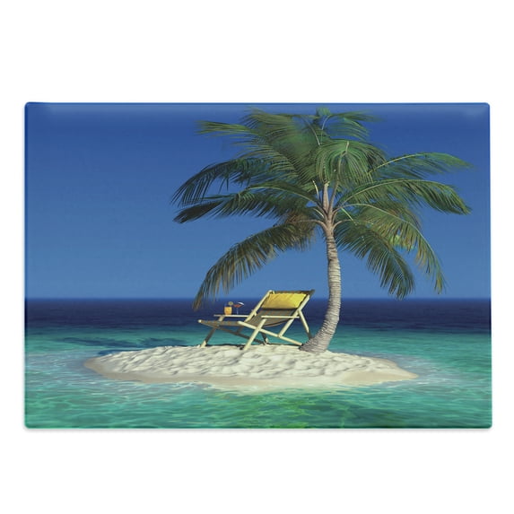 Seaside Cutting Board, Chair Under a Palm Tree on a Small Uninhabited Tropical Island Clear Ocean, Decorative Tempered Glass Cutting and Serving Board, Large Size, Green Blue Yellow, by Ambesonne