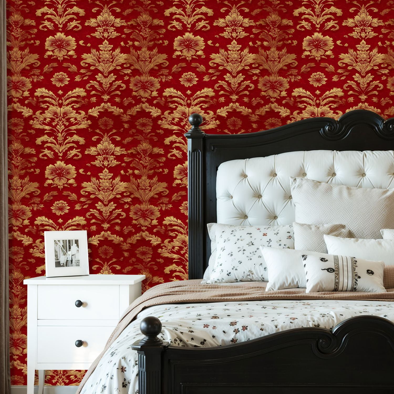 Vintage Peel and Stick Wallpaper Golden Floral Damask Red baroque vintage Wall Mural 23.6in x 9.8ft Self Adhesive Removable Wall Paper Renter Friendly Wallpaper for Bedroom Livingroom Office