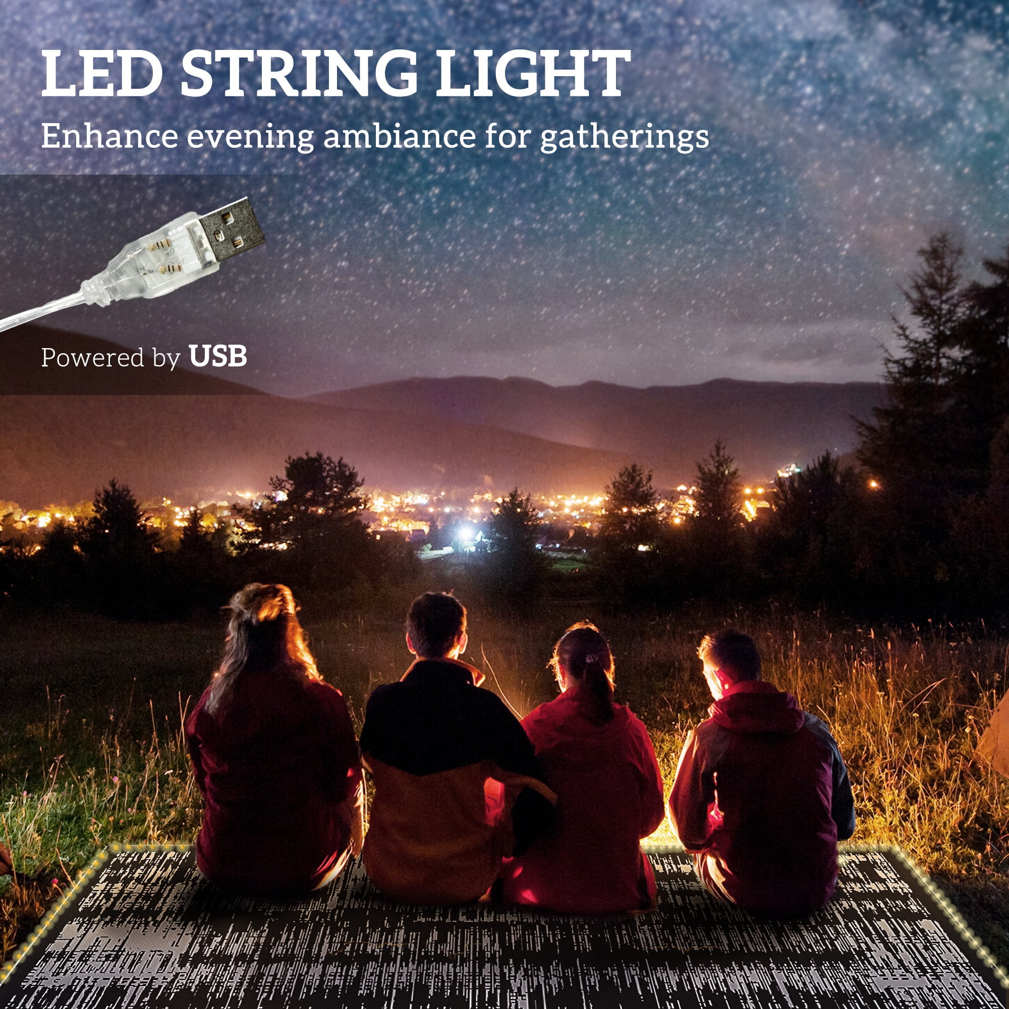 Outsunny Reversible Outdoor Rug Carpet with LED Lights 12' x 9' with Carry Bag & Ground Stakes for Backyard, Deck, Picnic, Beach