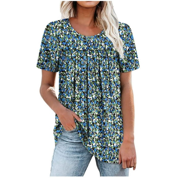 Taqqpue Womens Summer Plus Size Tops V Neck Floral Print Short Sleeve Shirts Loose Fit Tunic Ladies Casual Soft Flowy Blouse Tops