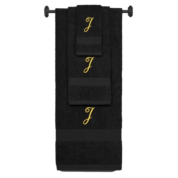Custom Embroidered Terry Cotton Ring Spun Bath Towel, Hand Towel And Washcloth Set - Black Towel Set, Gold Fancy Script Initial J
