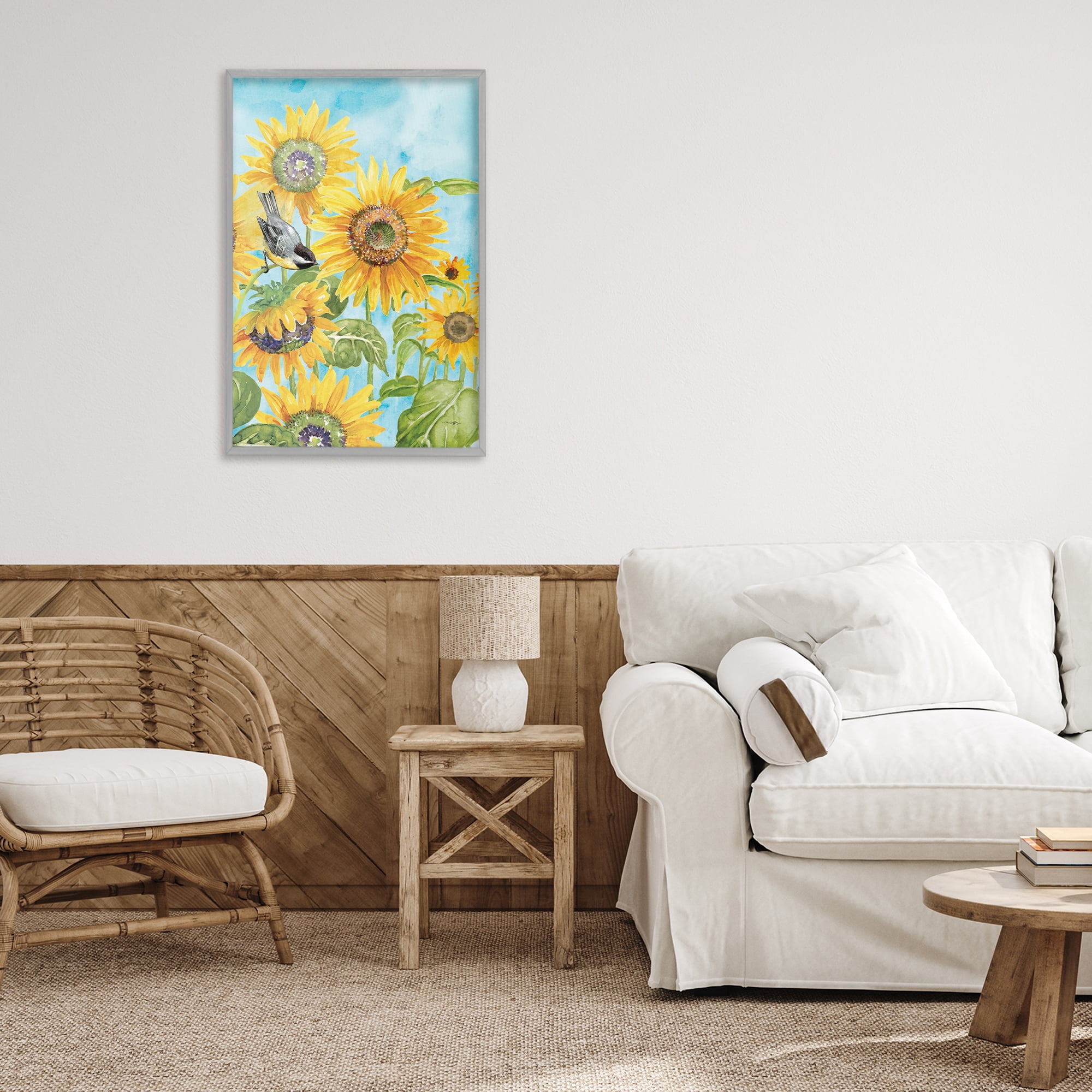 Stupell Industries Sunflower Honey Bird Gray Framed Giclee Art, design by Tim Coffey