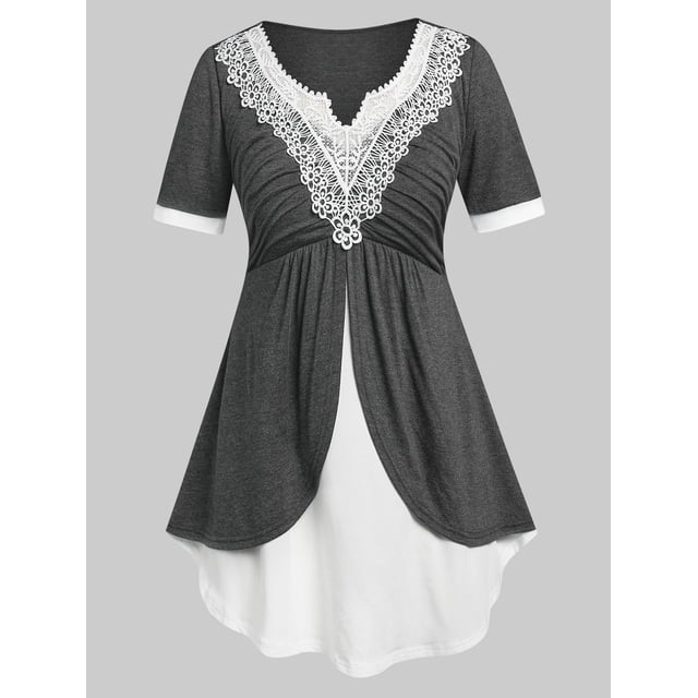 Panel de encaje de tamaño grande camiseta acodada ruchada Rosegal Camisetas tallas grandes
