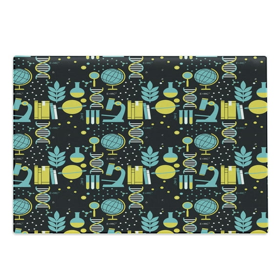 Cutting Board, Science Themed Biology Chemistry and Physics Protons Neutrons, Decorative Tempered Glass Cutting and Serving Board, Large Size, Turquoise Yellow Black, by Ambesonne