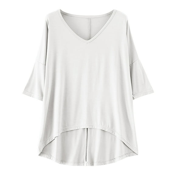 BLVB Womens Short Sleeve V Neck Pajama Tops Soft Sleep T-Shirt Loose Comfy Base Layer High Low Hem Loungewear