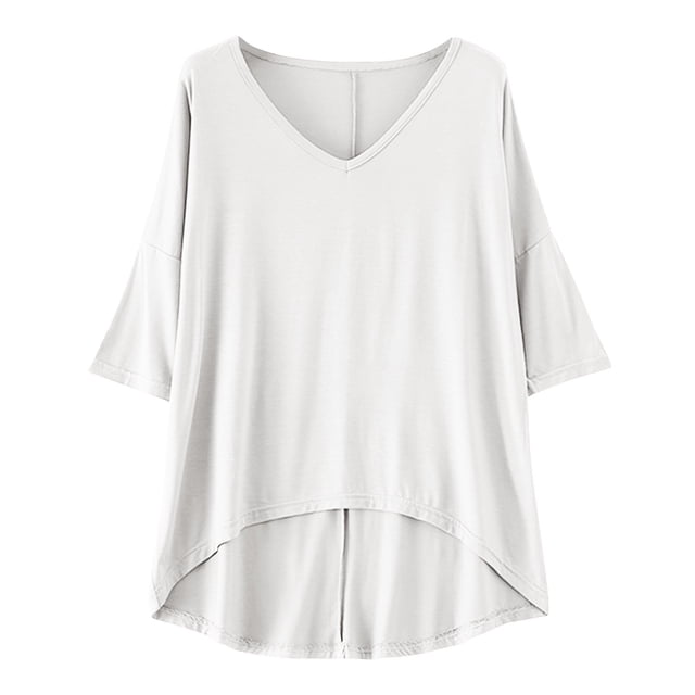 FAIWAD Womens Spring Summer Short Sleeve Tops V Neck Loose Irregular Hem Plus Size Pullover Tinic Tops