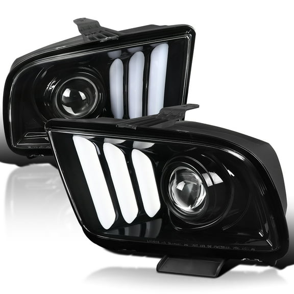 Spec-D Tuning Jet Black Projector Headlights w/ LED Light Bar Compatible with 2005-2009 Ford Mustang, Left   Right Pair Headlamps Assembly