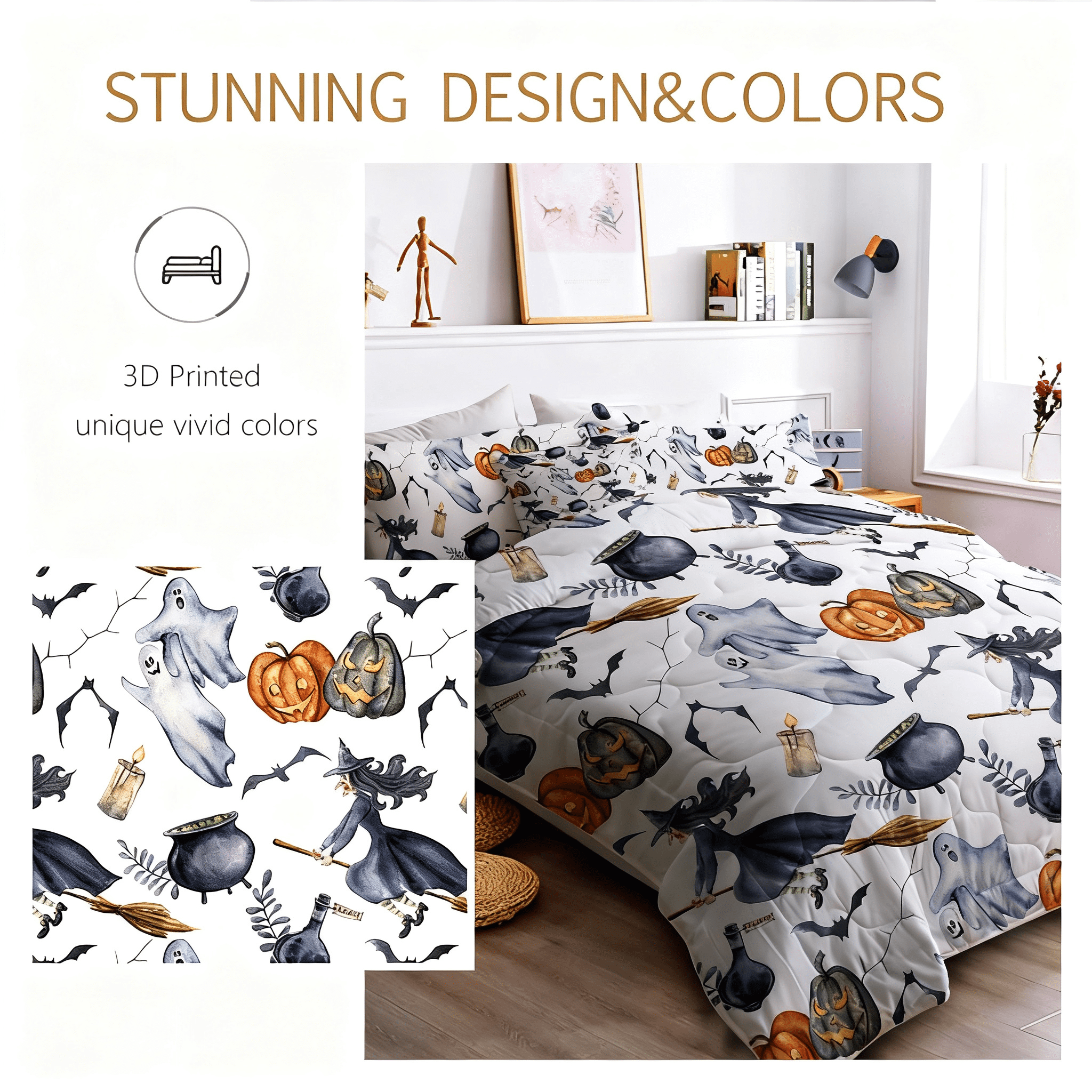 8-Piece Halloween Comforter Set Witch Pattern Bed-in-a-Bag with Sheet Shams Cushion Covers