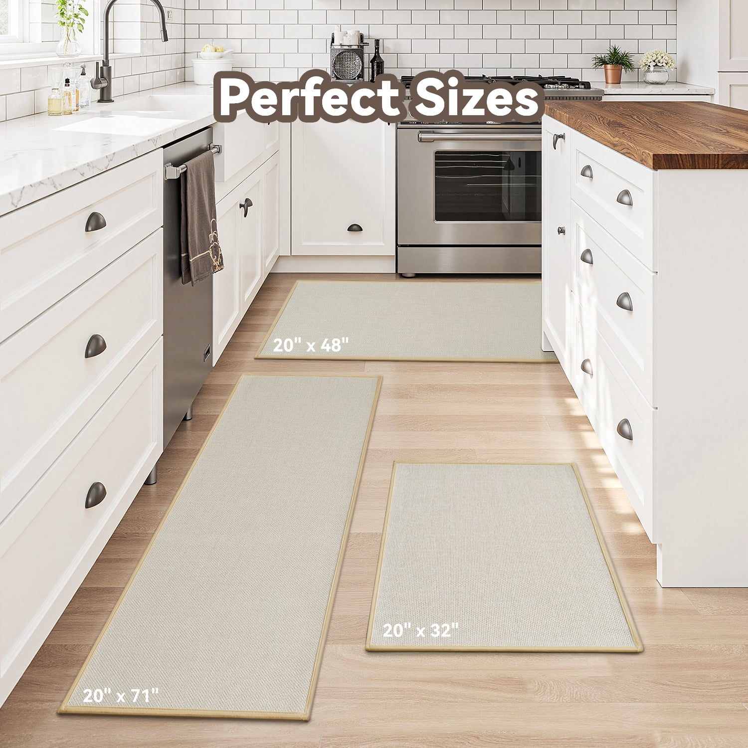 SIXHOME Washable Kitchen Rug, Absorbent Non-Slip Woven Floor Mat, 20"x48", Beige, Rugs for Sink, Laundry, Hallway, Bathroom