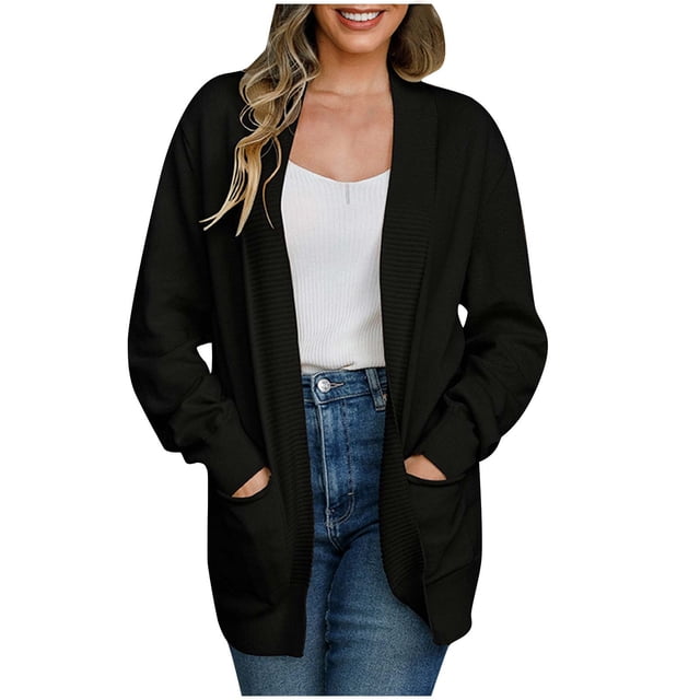 Yuyuzo Womens Sweater Cardigans with Pockets Open Front Long Sleeve Ribble Knit Solid Color Outwear Coats