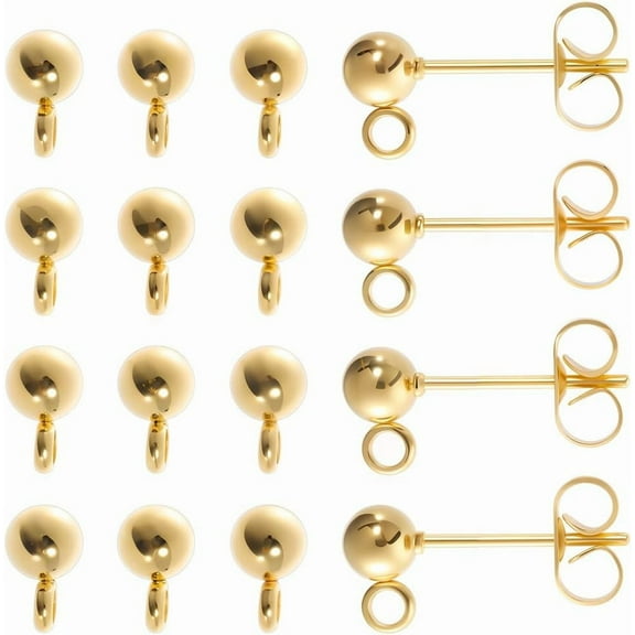 1 Box 80Pcs Real 18K Gold Plated Ball Earring Studs With Loop 4mm - 40Pcs Posts 40Pcs Butterfly Backs for Jewelry Making Accessories DIY Dangle Earrings