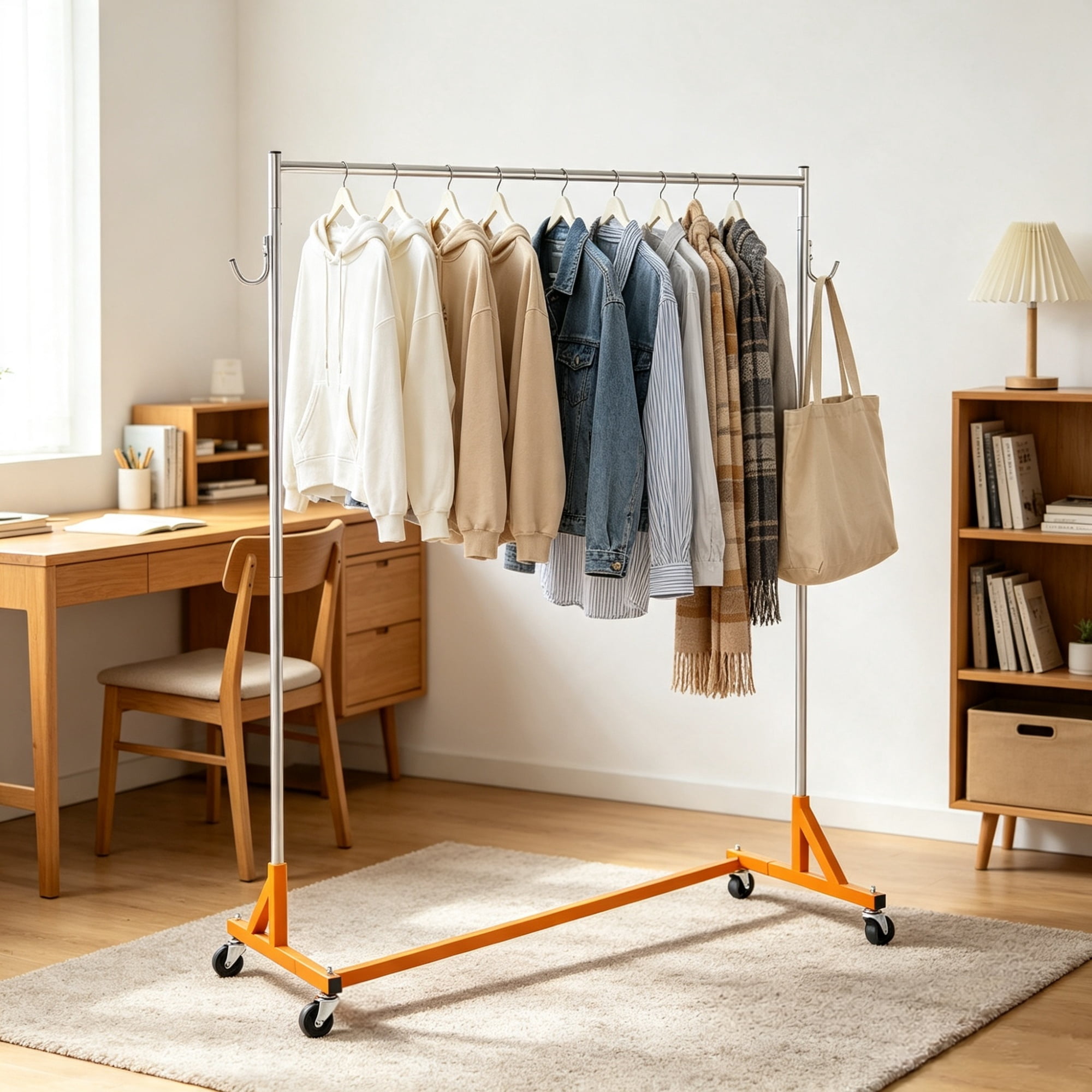 Industrial Grade Z Base Garment Rack, Heavy Duty Clothing Rack with Lockable Casters, for Home, Garment Store Display & Commercial Use, Orange