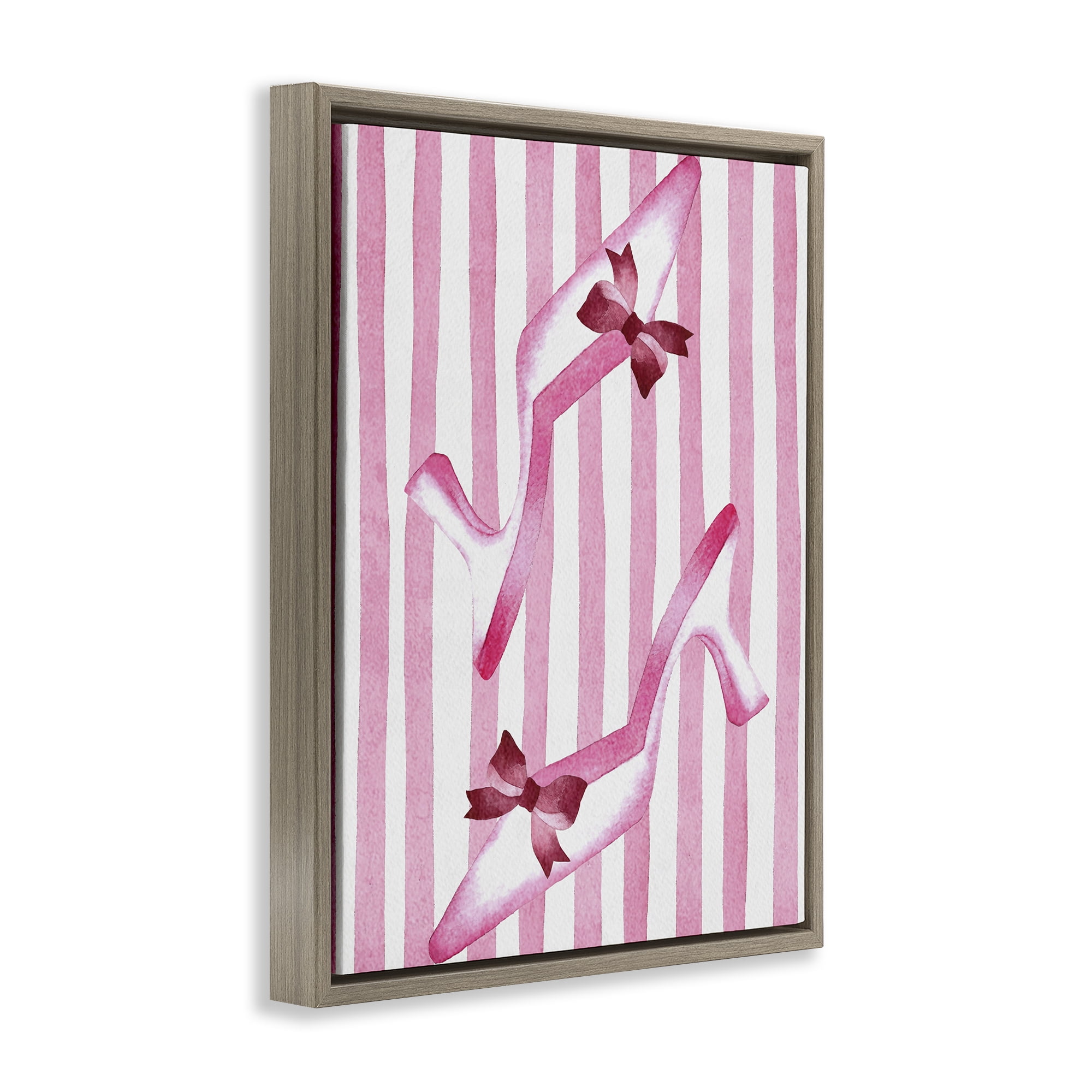 Stupell Industries Bow Heels on Pink Stripes Brown Framed Floater Canvas Wall Art, design by Camila Juncos