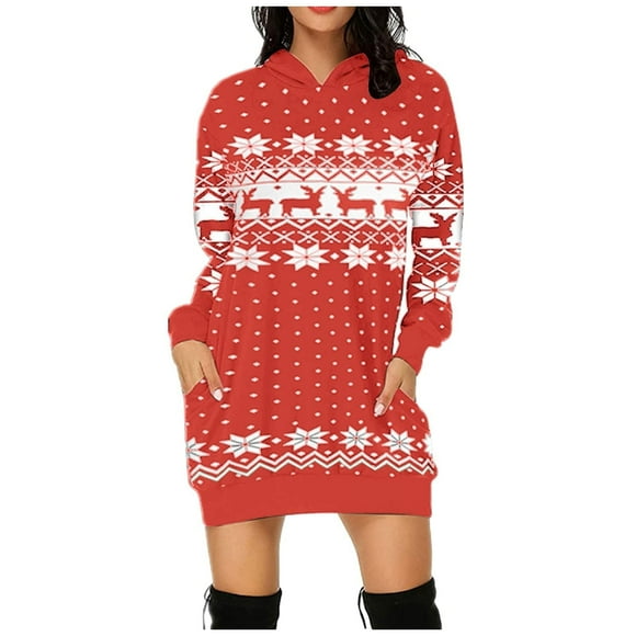 Yoodem Dresses Women Holiday Dresses for Women Christmas Hooded Sweatershirts Long Sleeve Oversized Polka Dot Printed Midi Pullover Dress Party Dresses for Women Red M