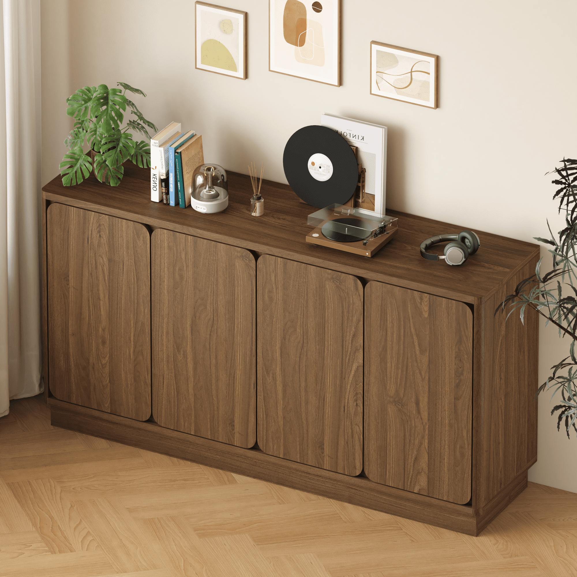 Leumius Sideboard Buffet Cabinet,59.1" W Kitchen Sideboard Storage Cabinet with 4 Doors and Adjustable Shelves,Large Side Board Cabinet Coffee Bar Cabinet for Dining Room,Walnut