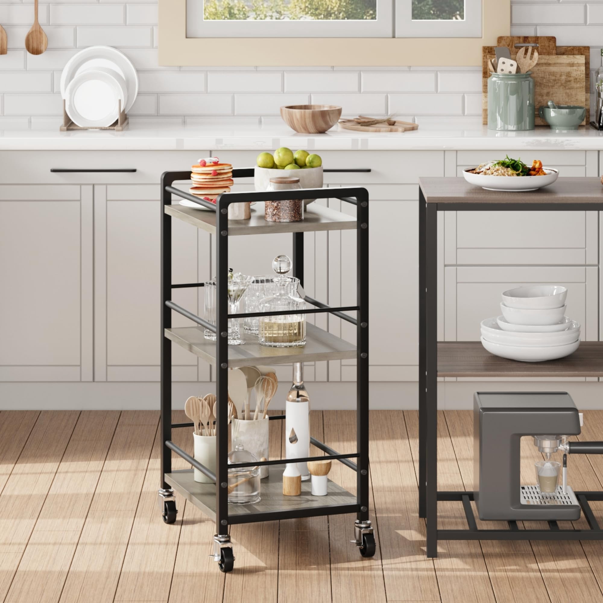 3 Tier Bar Cart for Home,Home Bar Serving Carts,Rolling Mini Liquor Bar for Wine Beverage Dinner Party,Utility Kitchen Storage Island Cart on Wheels,Coffee Bar Cabinet for Kitchen Dining Living Room