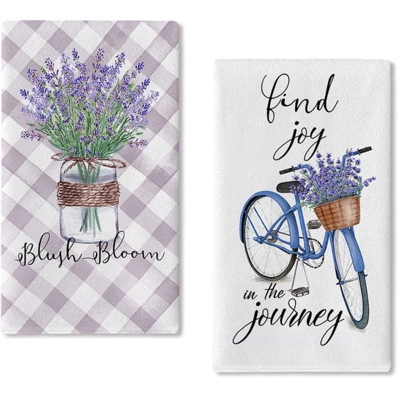 SPXUBZ Kitchen Towels, Purple and White Plaid Lavender Bicycle Towels for Home Kitchen Holiday Decoration Housewarming Gift Towel Set of 2